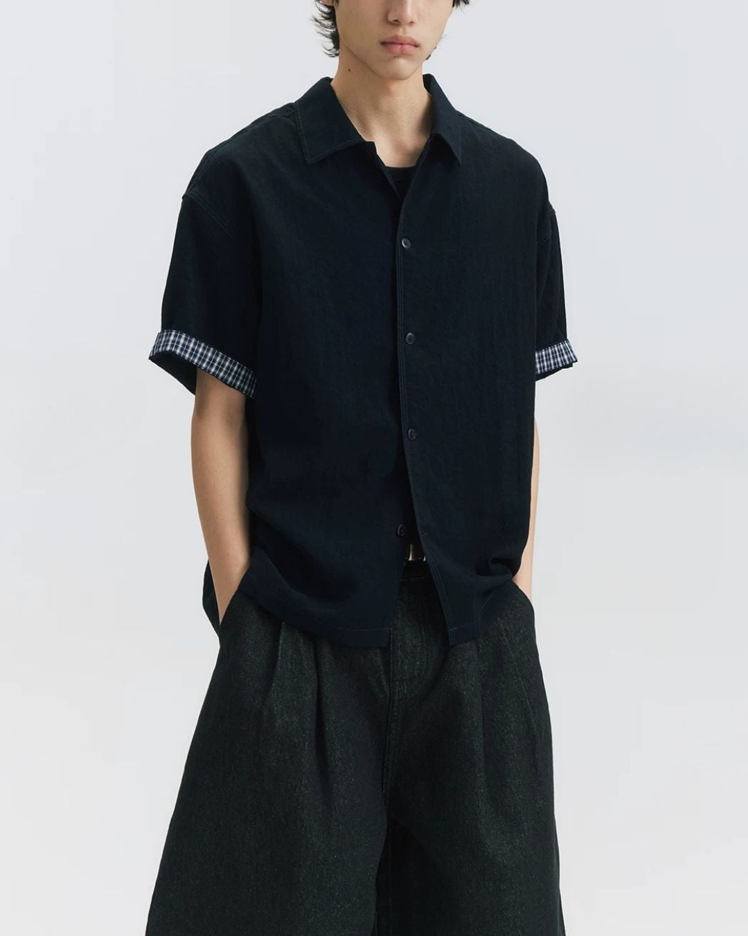 Checked Sleeve Nylon Blend Shirt　SS086