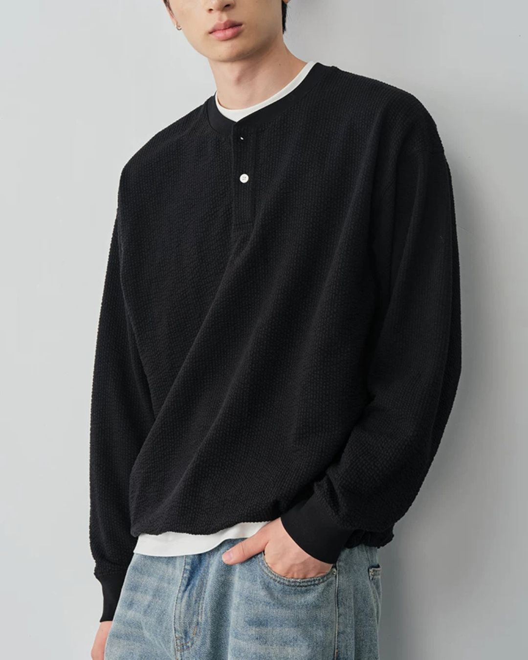 Waffle Henley Long-Sleeve T-Shirt　LT085