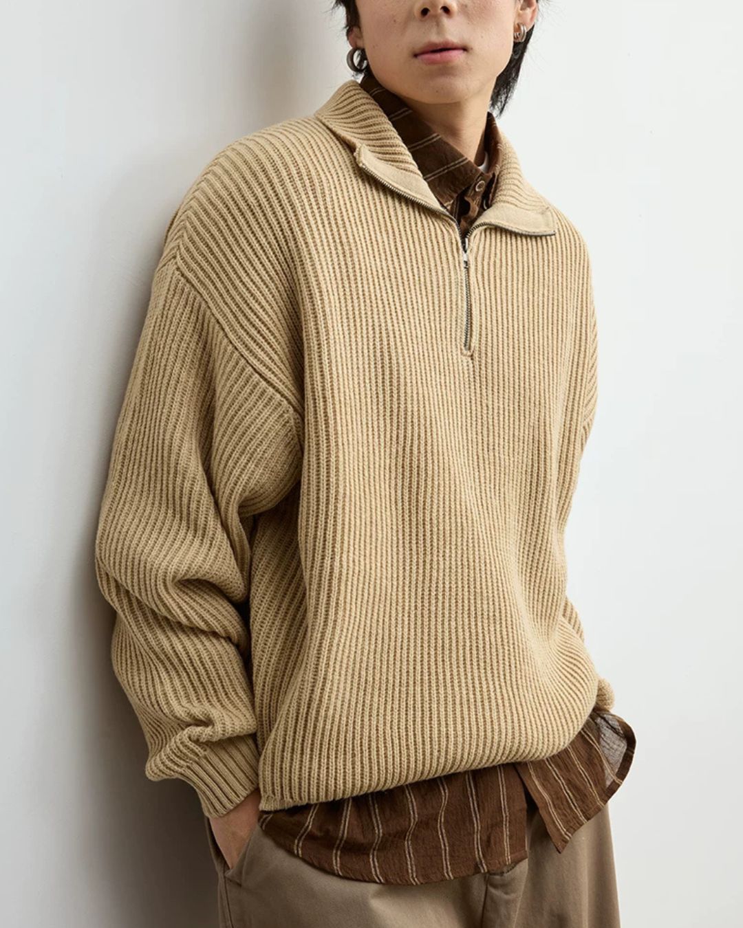 Wool Blend Ribbed Half Zip Knit　KN054