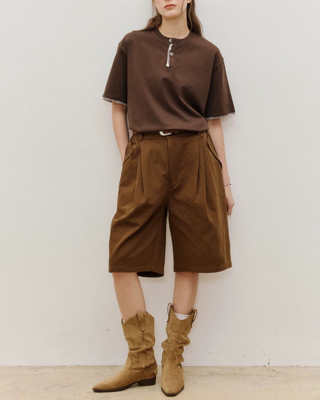 Stitched Henley Neck T-Shirt　ST198