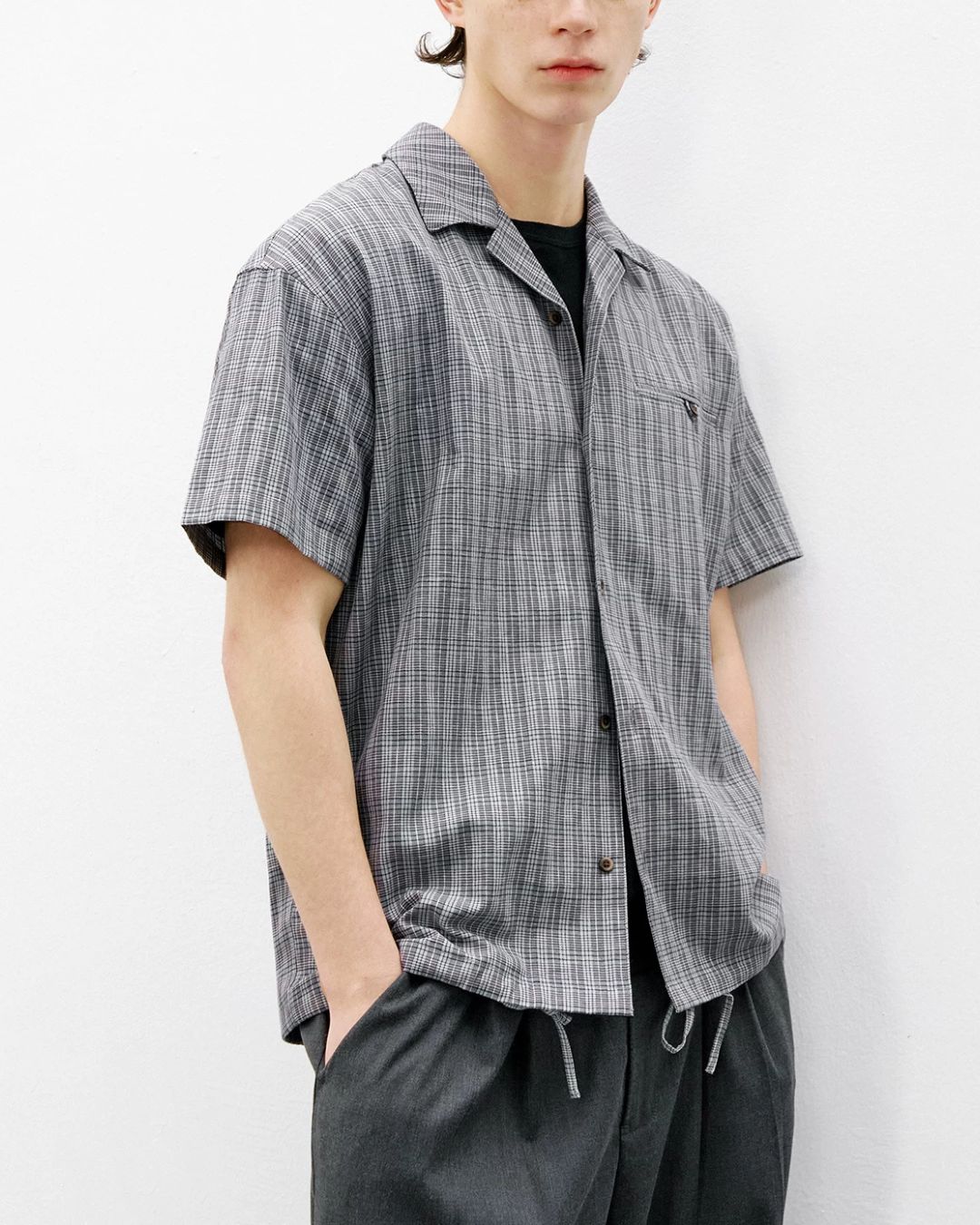 Open Collar Linen Check Shirt　SS083
