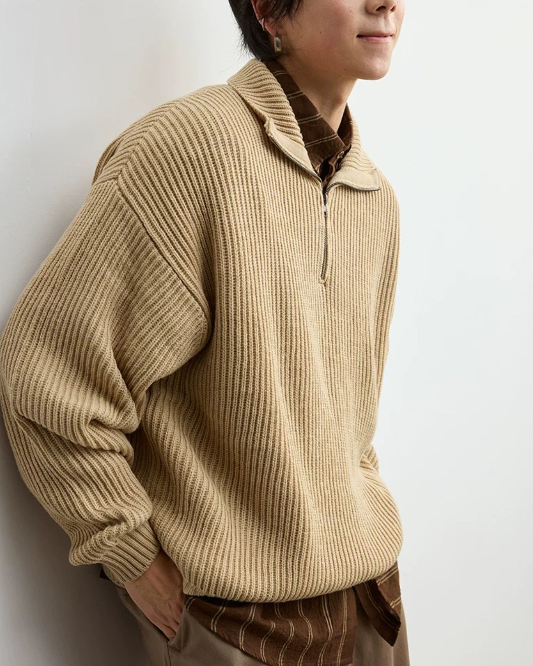 Wool Blend Ribbed Half Zip Knit　KN054