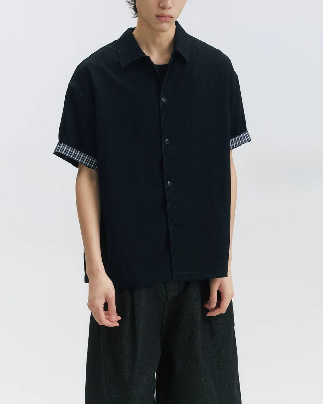 Checked Sleeve Nylon Blend Shirt　SS086