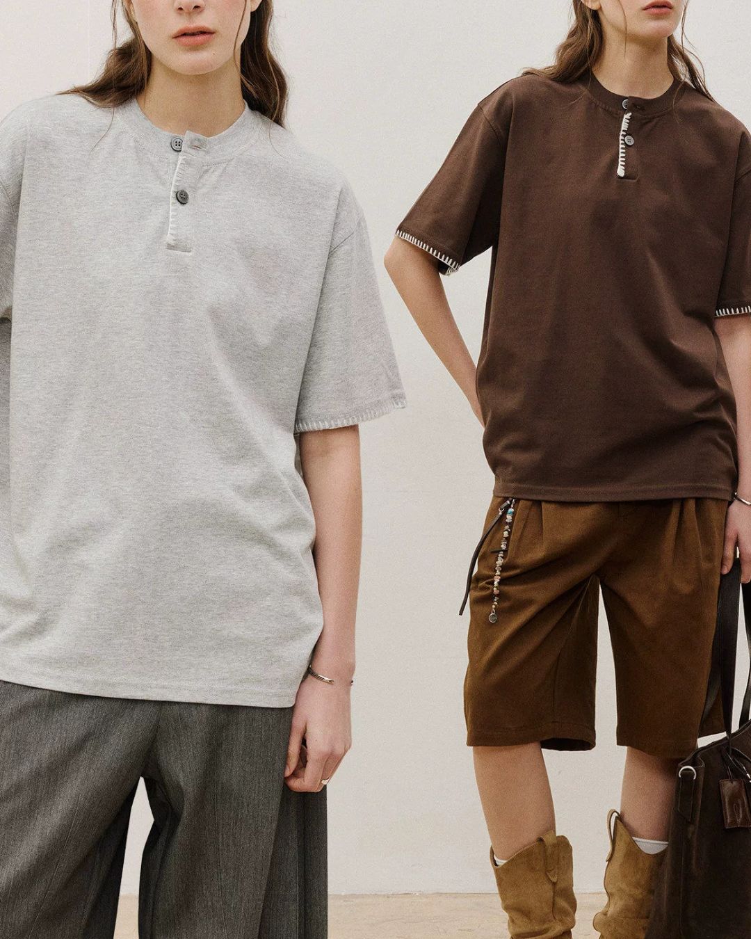 Stitched Henley Neck T-Shirt　ST198