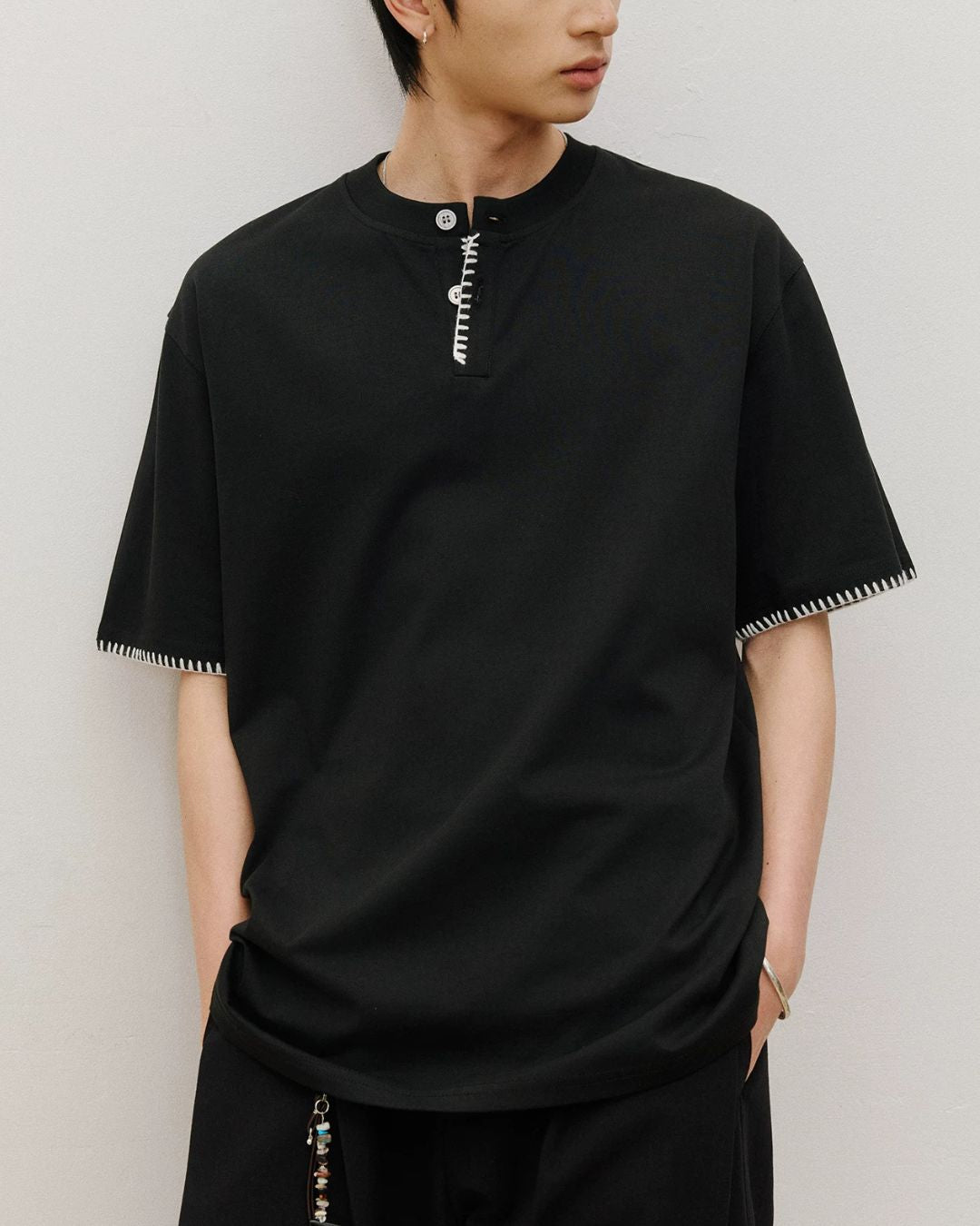 Stitched Henley Neck T-Shirt　ST198