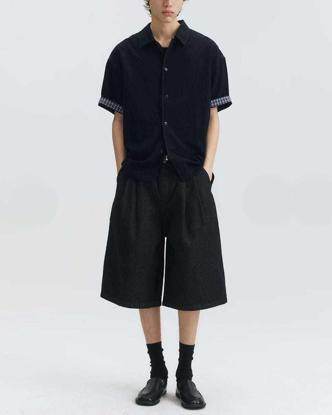 Checked Sleeve Nylon Blend Shirt　SS086