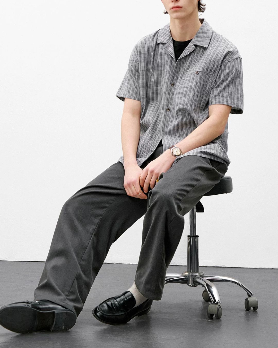 Open Collar Linen Check Shirt　SS083