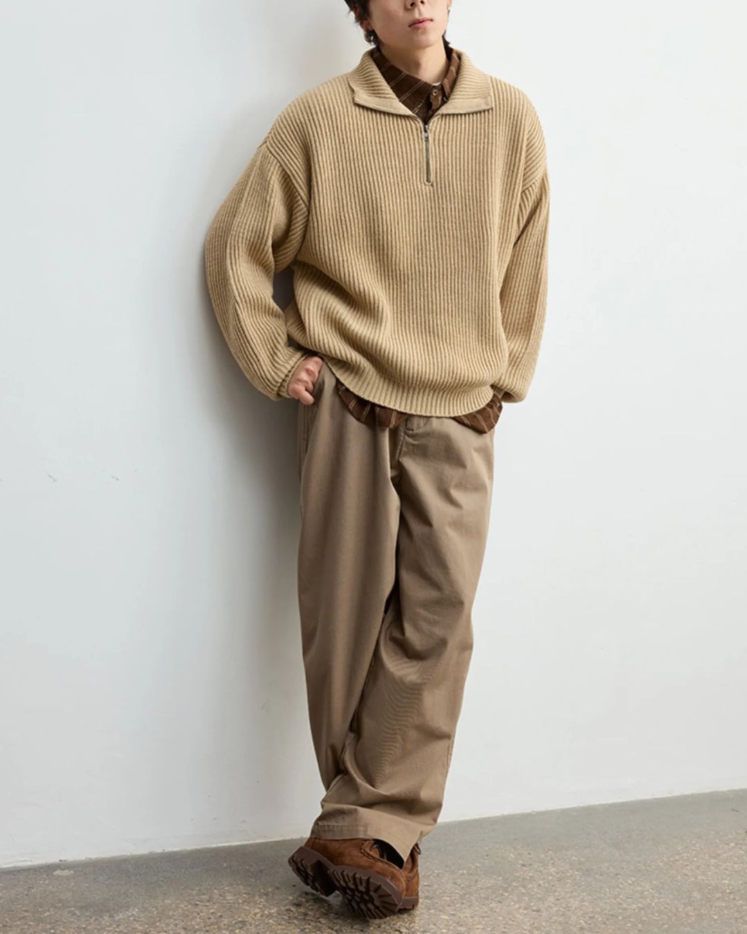 Wool Blend Ribbed Half Zip Knit　KN054