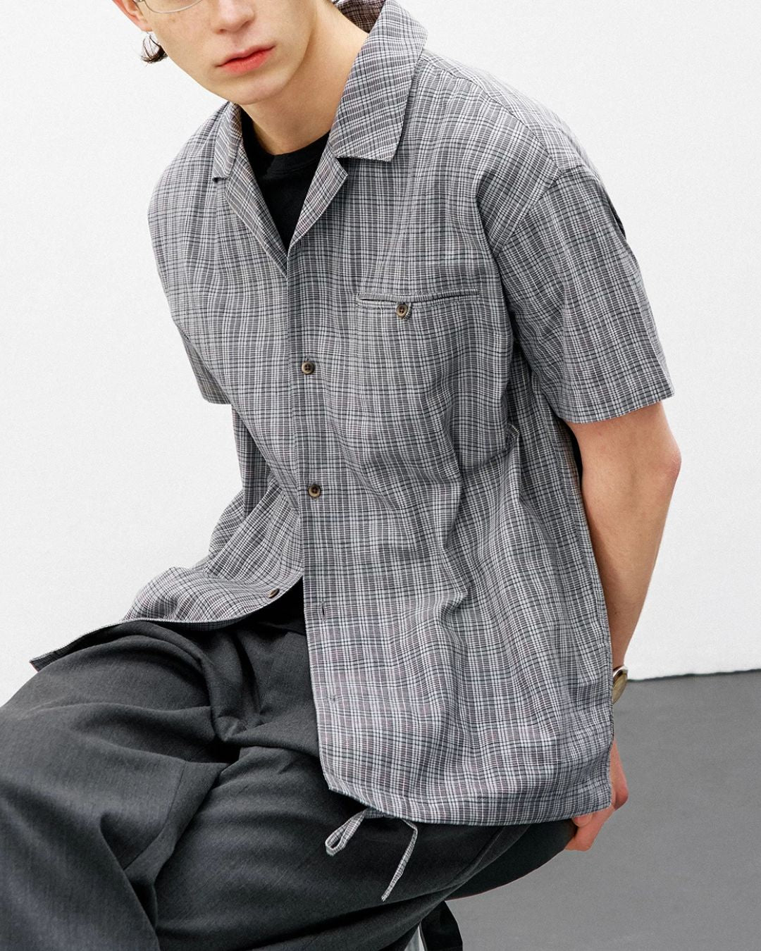 Open Collar Linen Check Shirt　SS083