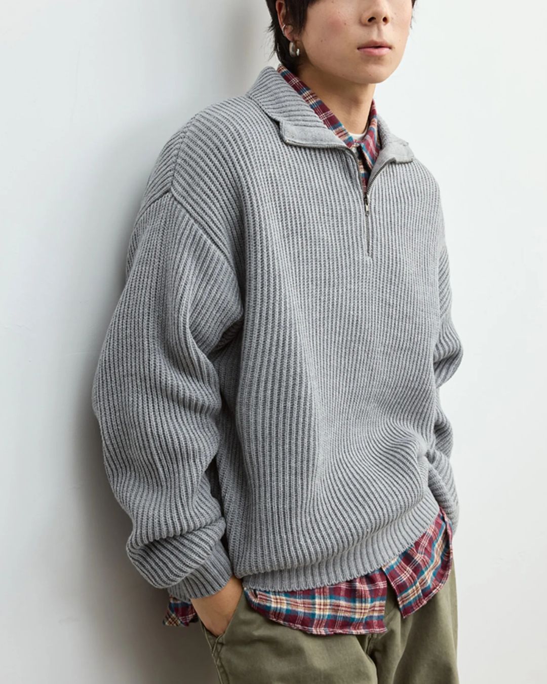 Wool Blend Ribbed Half Zip Knit　KN054