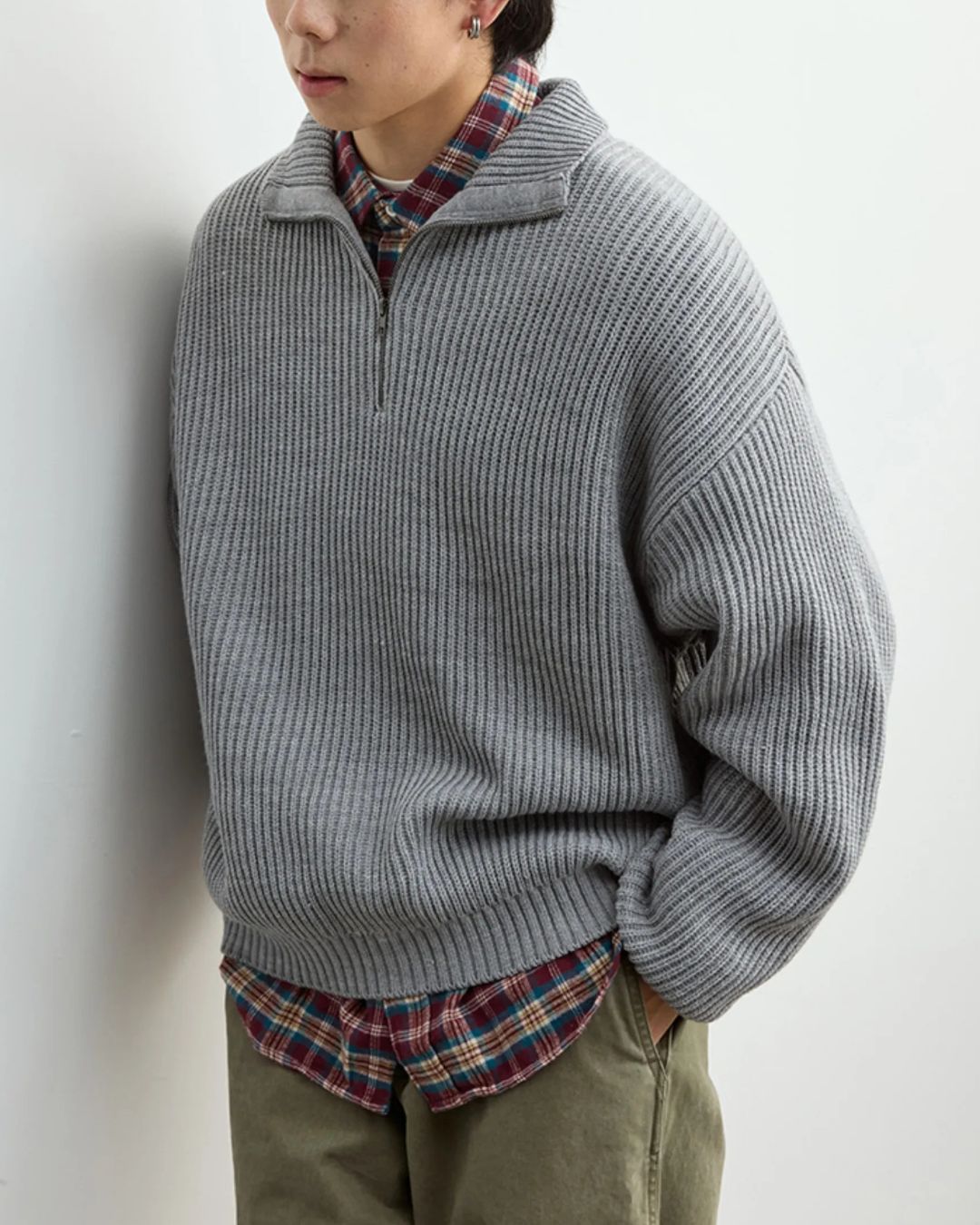 Wool Blend Ribbed Half Zip Knit　KN054