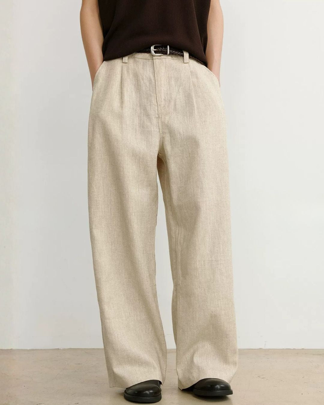 Linen-Blend Wide Pleated Pants　WP112