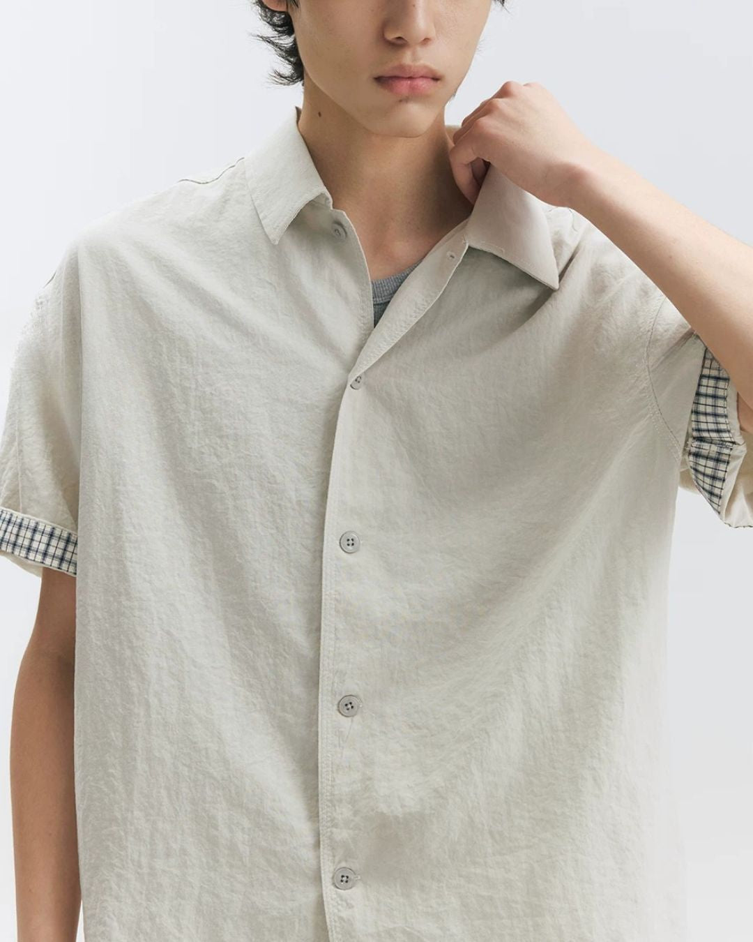 Checked Sleeve Nylon Blend Shirt　SS086