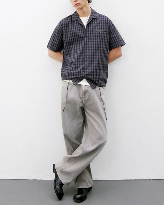 Open Collar Linen Check Shirt　SS083