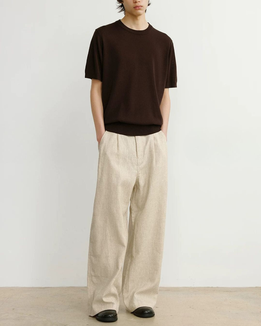 Linen-Blend Wide Pleated Pants　WP112