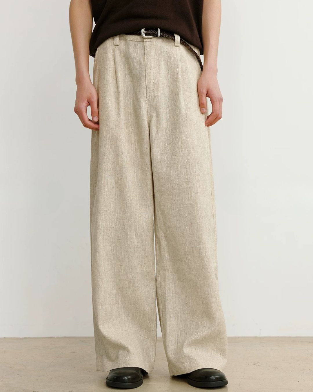 Linen-Blend Wide Pleated Pants　WP112