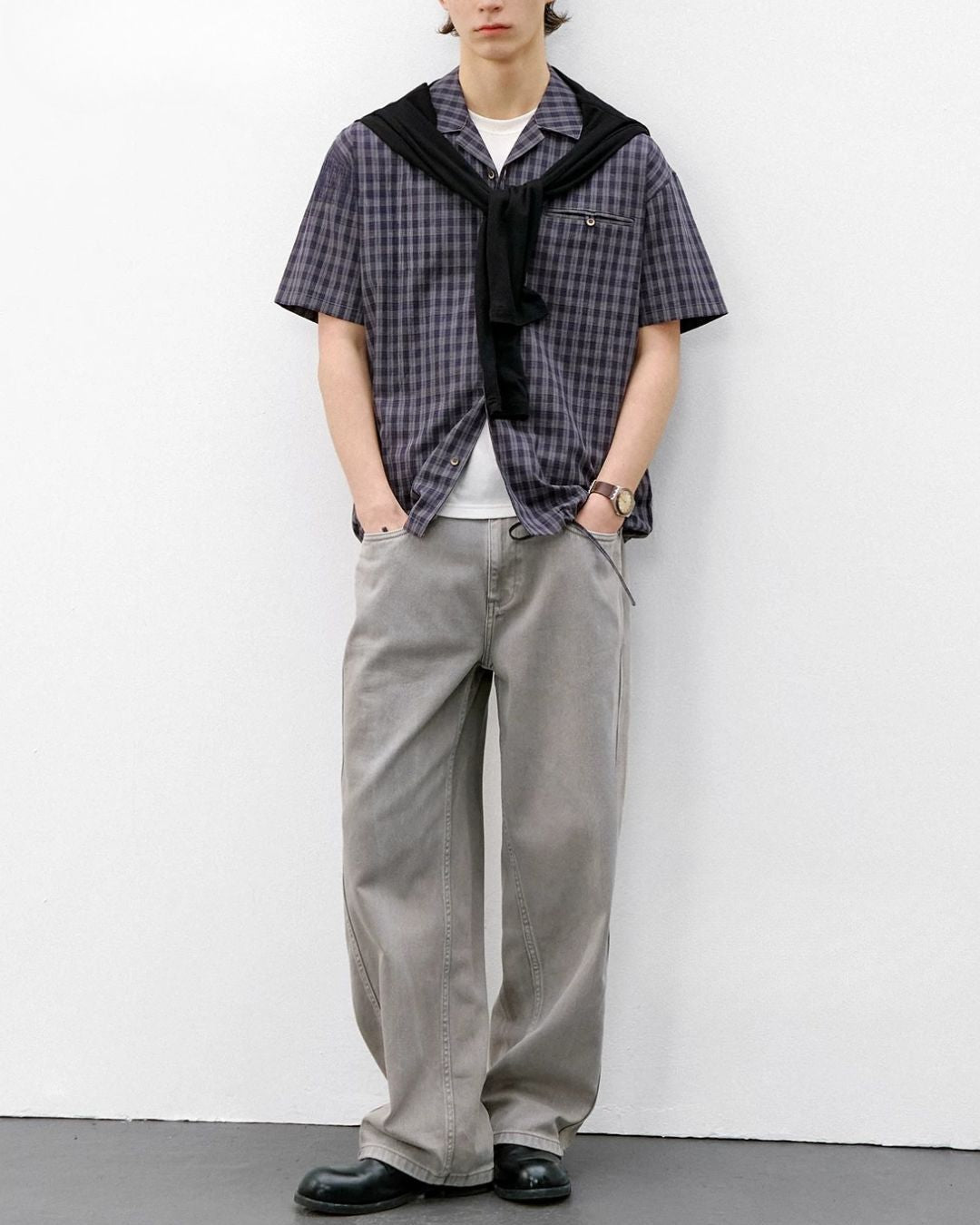 Open Collar Linen Check Shirt　SS083