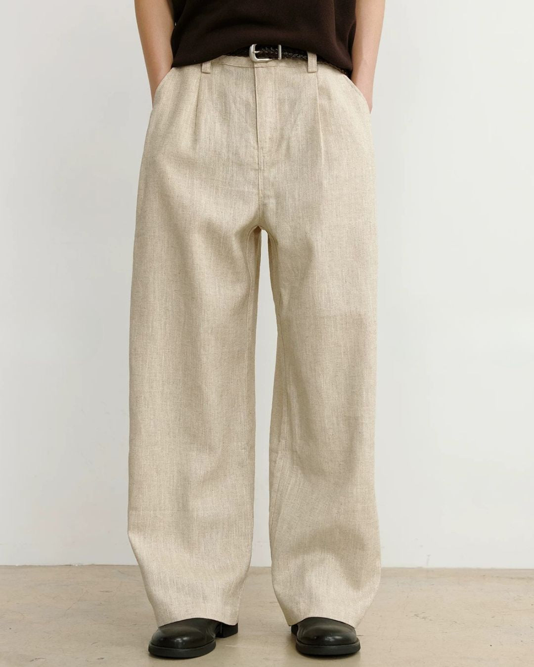 Linen-Blend Wide Pleated Pants　WP112