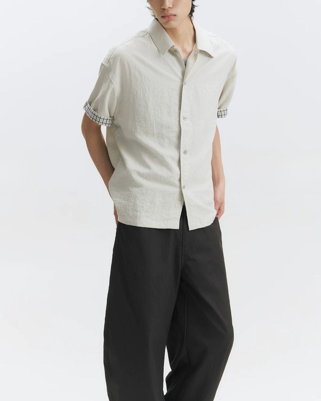 Checked Sleeve Nylon Blend Shirt　SS086