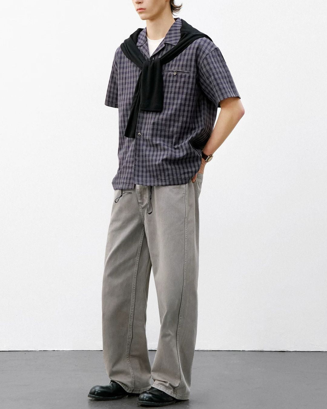Open Collar Linen Check Shirt　SS083