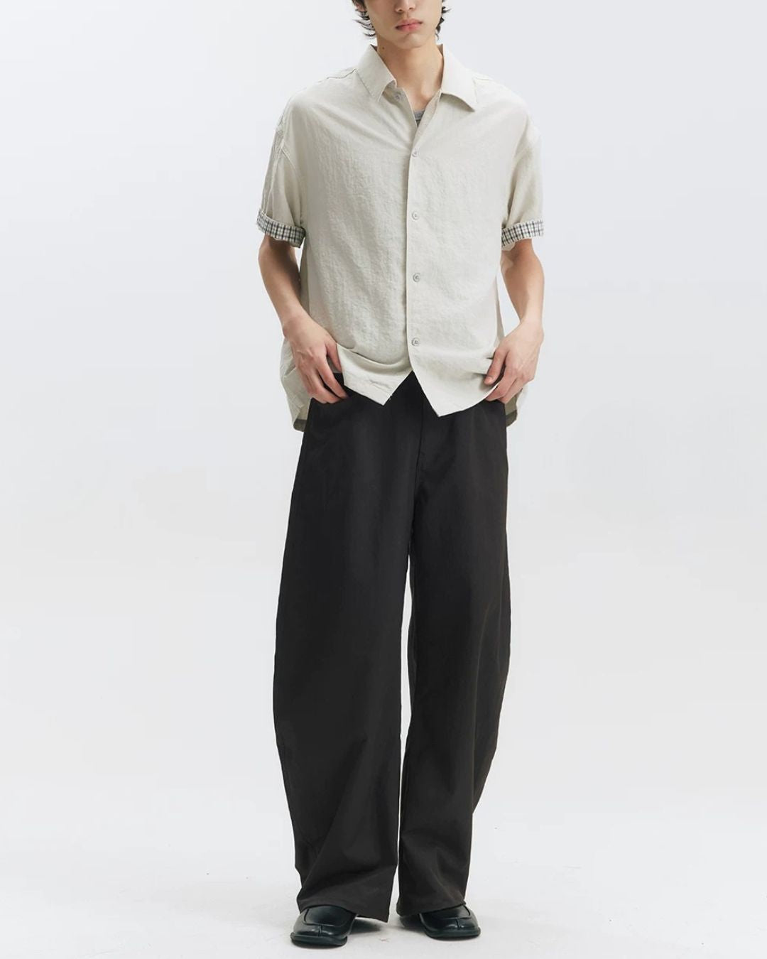 Checked Sleeve Nylon Blend Shirt　SS086
