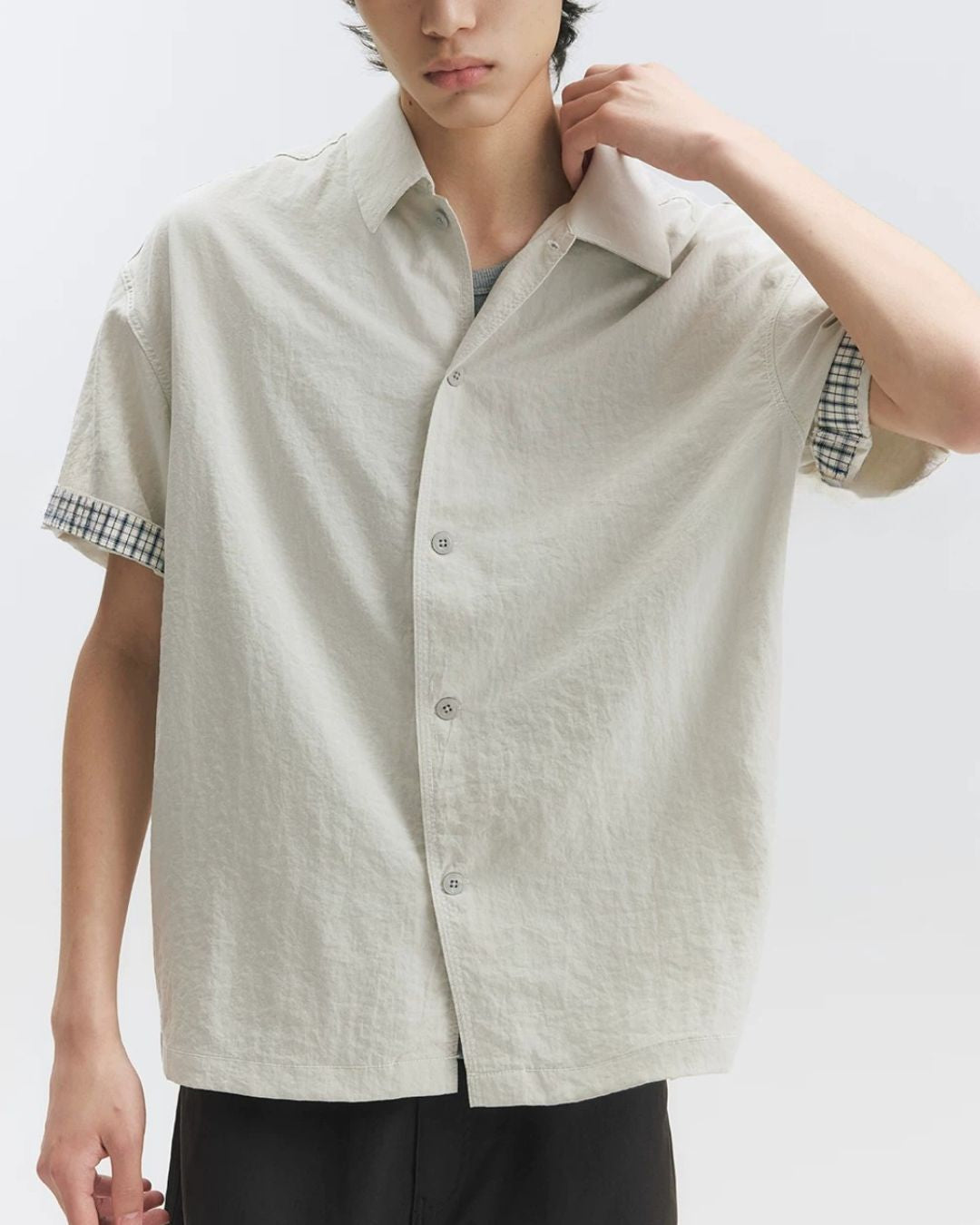 Checked Sleeve Nylon Blend Shirt　SS086