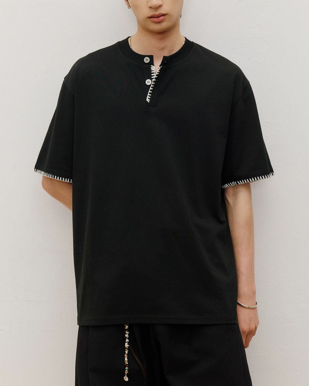 Stitched Henley Neck T-Shirt　ST198